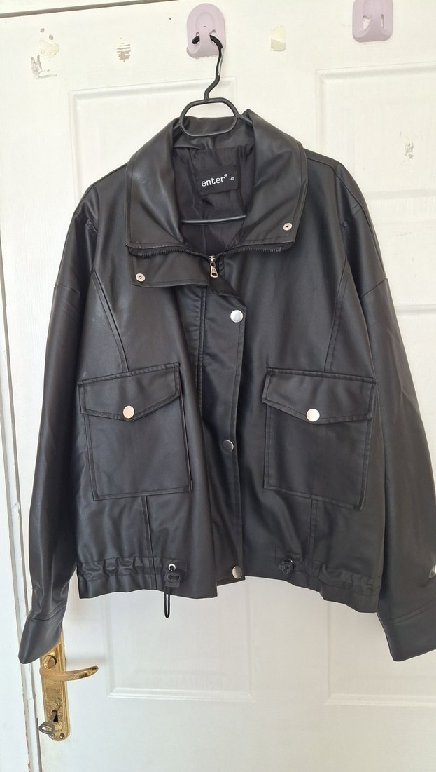 Düğmeli Siyah Deri Kadın Ceket - Görsel 2