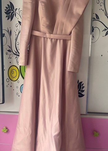 Pudra Pembe Uzun Kollu Drapeli Abiye Elbise