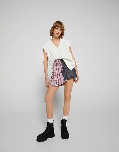 Bershka mini jean pembe ekose Etek Large