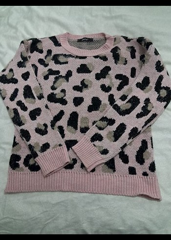 Pembe Leopar Desenli Örgü Kadın Kazak - Görsel 2