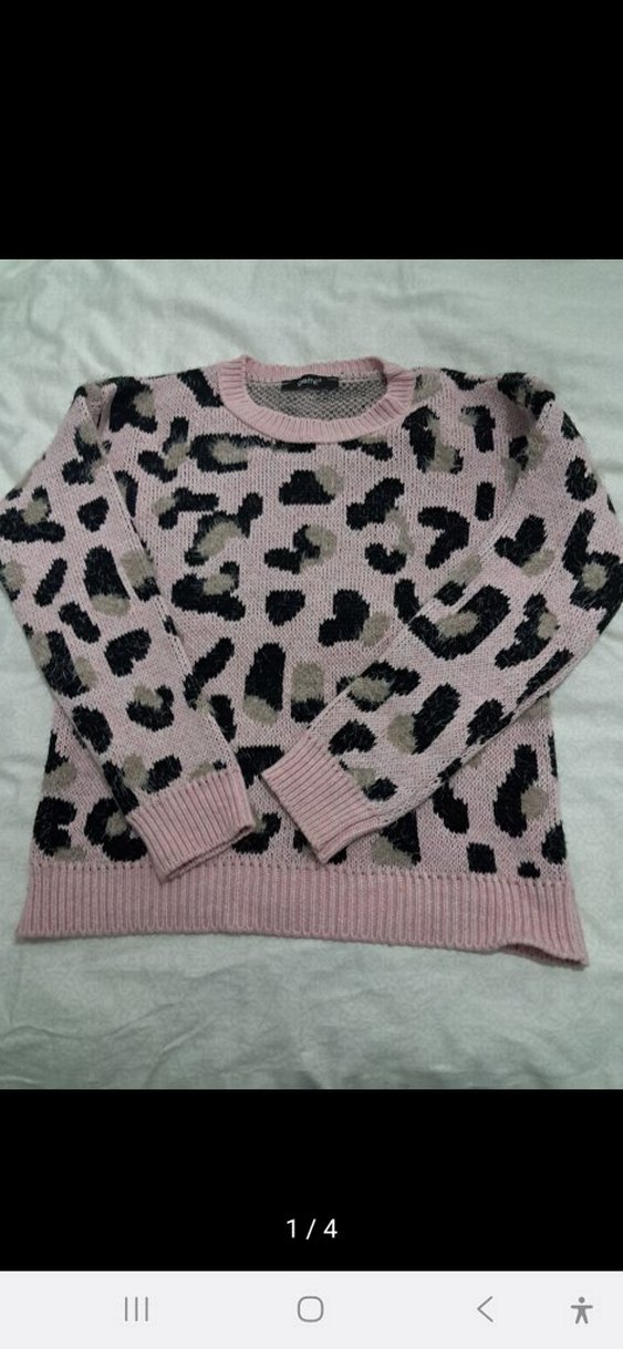 Pembe Leopar Desenli Örgü Kadın Kazak - Görsel 2