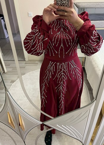 42 Beden bordo Renk Bordo İşlemeli Uzun Abiye Elbise