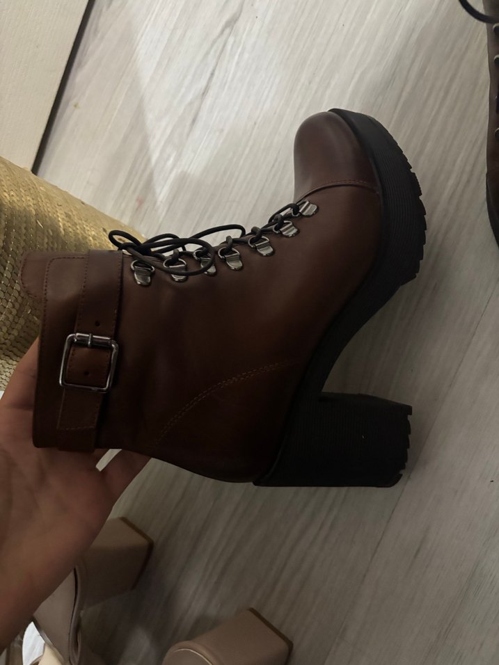 Kahverengi Deri Tokalı Biker Uzun Topuklu bot - Görsel 3