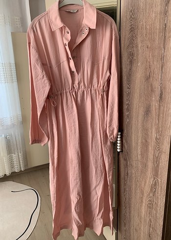 Düğmeli Pembe Uzun Keten Elbise