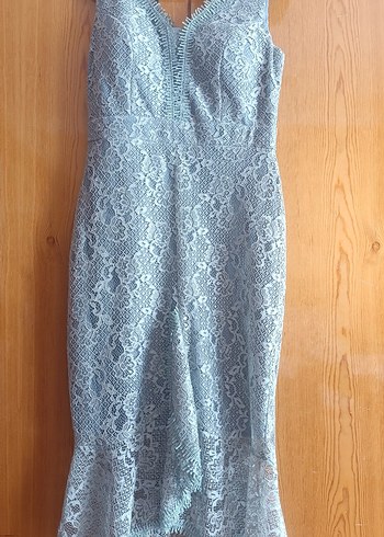 mint yesili Dantel Detaylı V Yakalı Uzun Abiye Elbise - Görsel 4