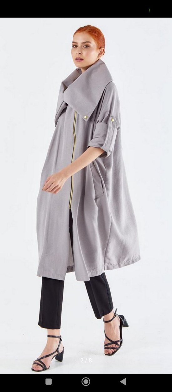 Gri Kadın Uzun Drapeli Trençkot - Görsel 2