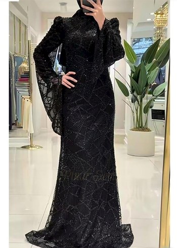 İşlemeli Siyah Uzun Kadın Abiye Elbise - Görsel 2