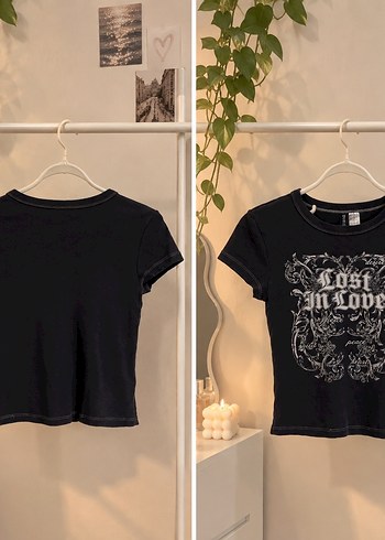 H&M Gotik Siyah Crop Tisort