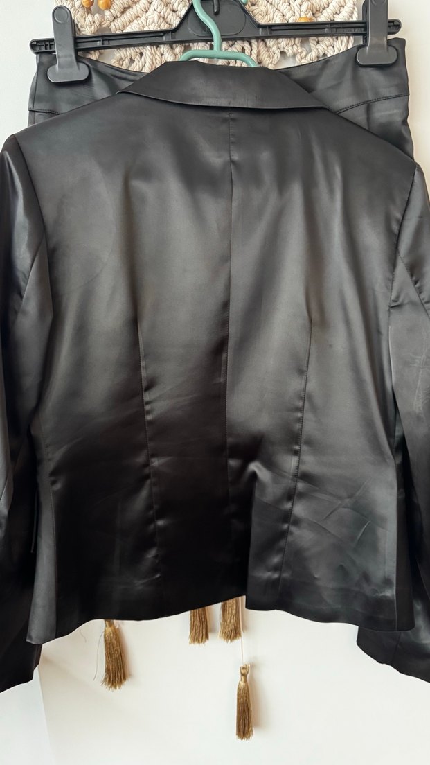 Siyah Kadın Saten Blazer Ceket ve etek takım - Görsel 5