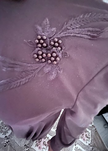 Uzun Kollu gül kurusu Nakışlı Abiye Elbise - Görsel 4