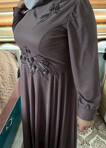 Uzun Kollu gül kurusu Nakışlı Abiye Elbise - Görsel 2