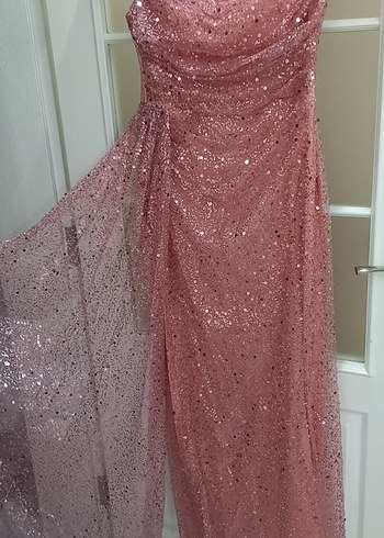 Abiye Parlak Pembe Drapeli Straplez Uzun Abiye Elbise