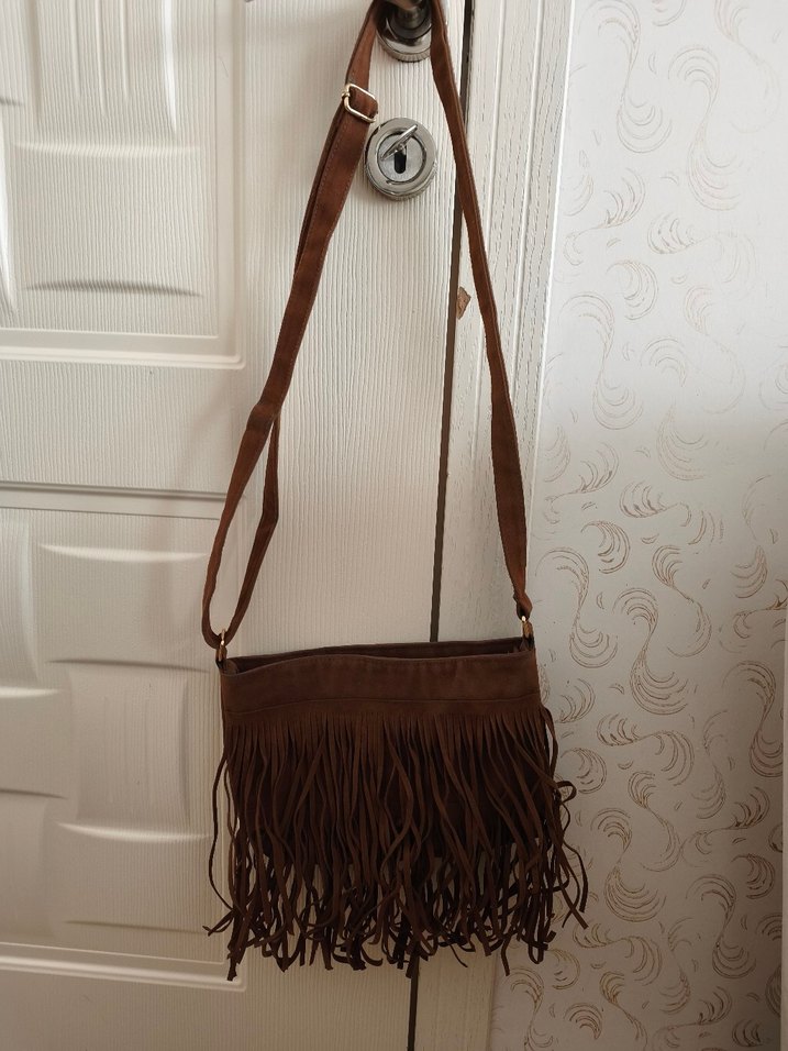 Püsküllü Kahverengi Süet Kadın Çanta - Görsel 2