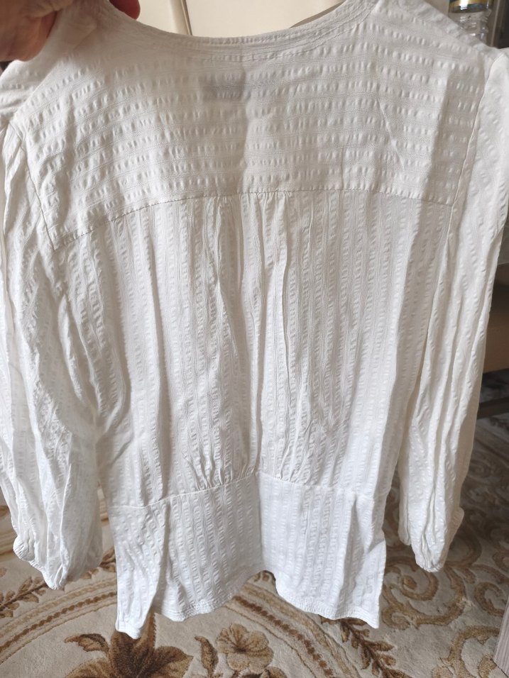 Düğmeli Beyaz Keten Bohem Kadın Bluz - Görsel 2