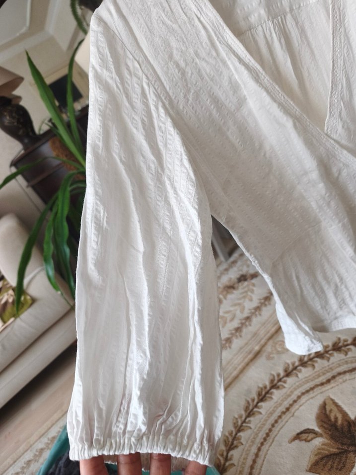 Düğmeli Beyaz Keten Bohem Kadın Bluz - Görsel 3