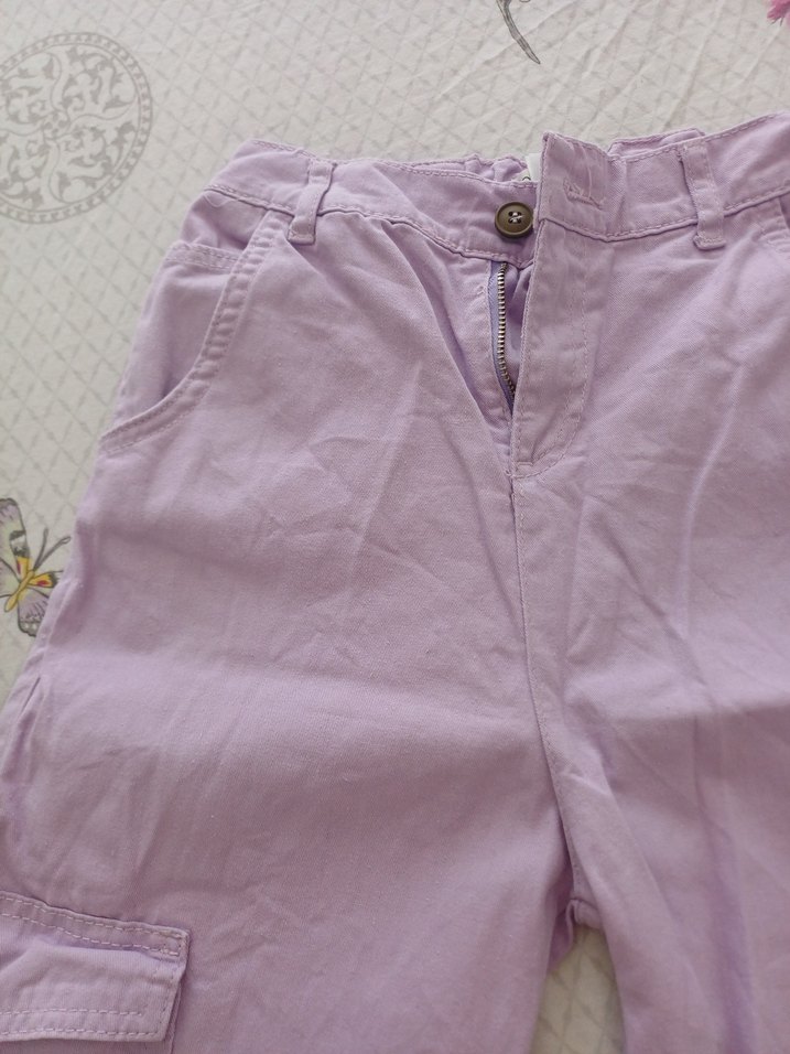 Mor Rahat Kesim Düğmeli Pamuk Pantolon - Görsel 2