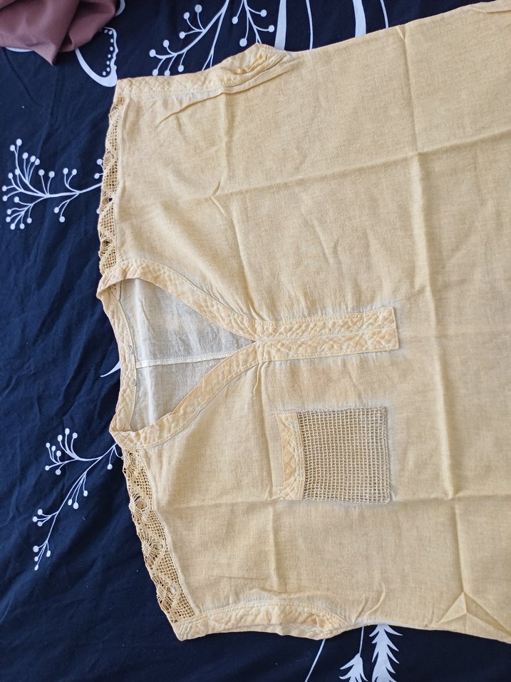 Bej Keten V Yaka Kolsuz Bohem Gömlek - Görsel 2