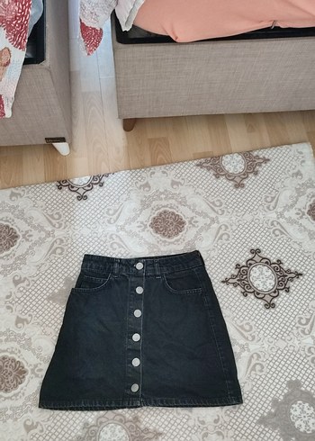 Düğmeli Siyah Denim Mini Etek
