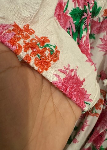 Diğer Uzun Kollu Pembe Çiçek Desenli Bohem Elbise