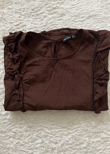 Kahverengi Kolsuz Fırfırlı Kadın Bluz - Görsel 3