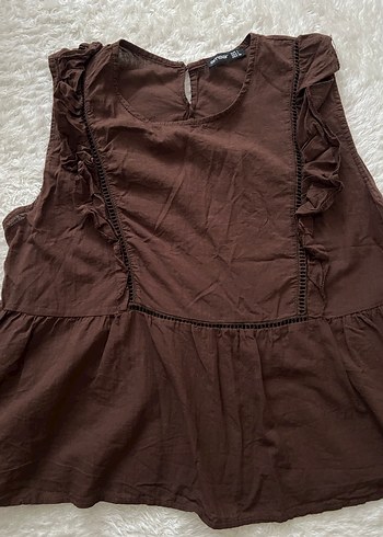 Kahverengi Kolsuz Fırfırlı Kadın Bluz - Görsel 2