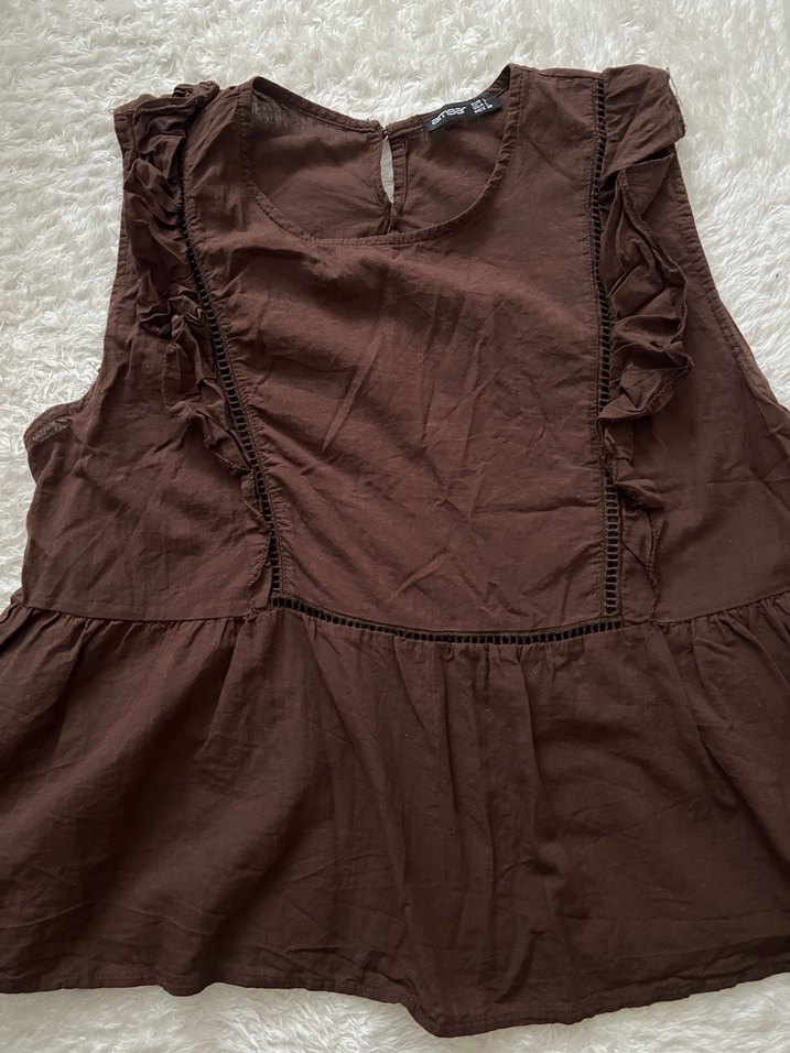 Kahverengi Kolsuz Fırfırlı Kadın Bluz - Görsel 2