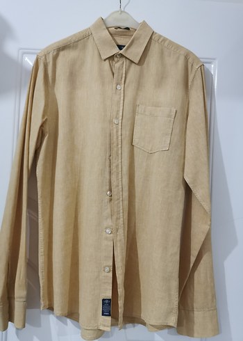 Hardal rengi Erkek Keten Gömlek, Düğmeli, - Görsel 4