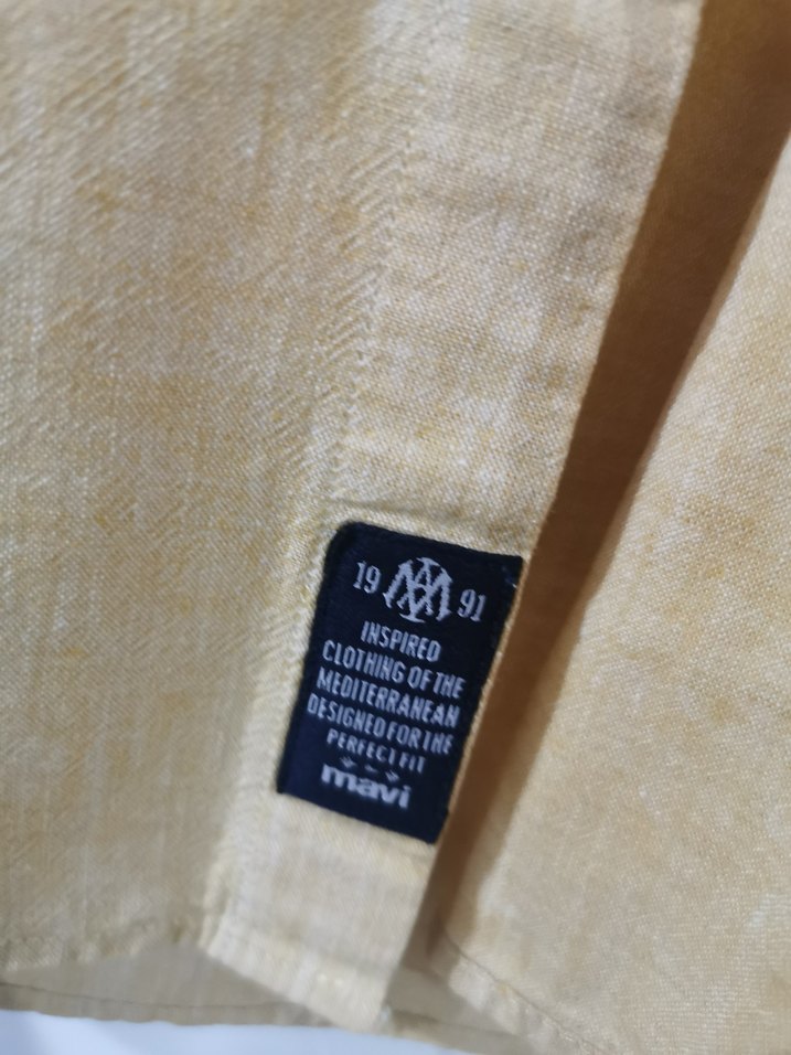 Hardal rengi Erkek Keten Gömlek, Düğmeli, - Görsel 3