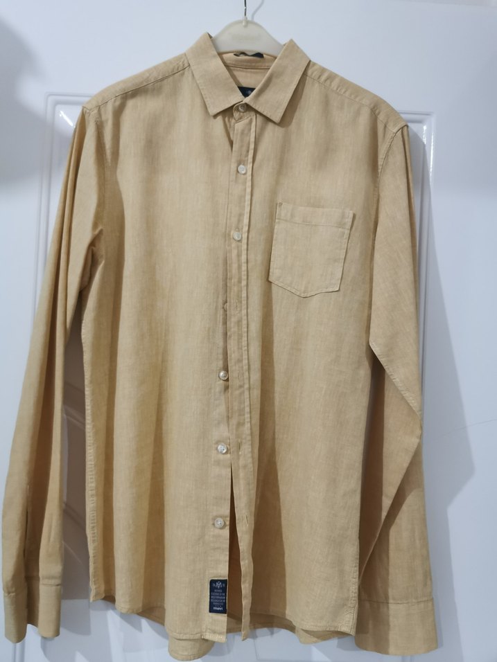 Hardal rengi Erkek Keten Gömlek, Düğmeli, - Görsel 4