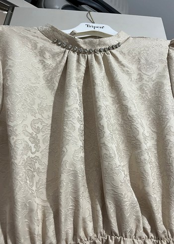 Bej Uzun Keten Elbise, Yüksek Yakalı - Görsel 3