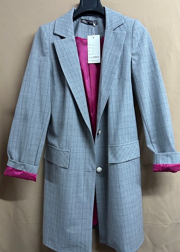 Düğmeli Gri Kadın Uzun Blazer Ceket