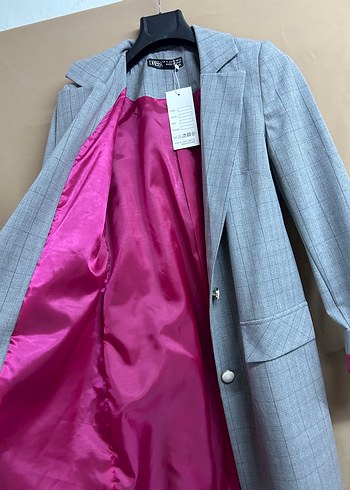 Diğer Düğmeli Gri Kadın Uzun Blazer Ceket