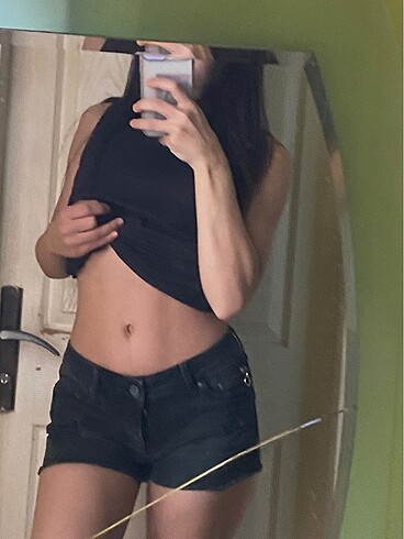 Siyah kot şort mavi jean mini düşük bel