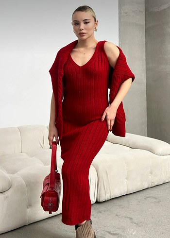 Kırmızı Örgü Kadın Uzun Elbise - Görsel 2