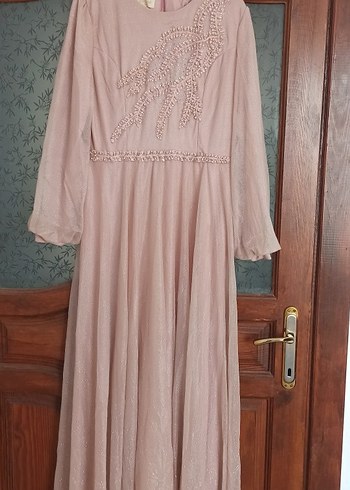 Uzun Kol Boncuk İşlemeli Pembe Abiye Elbise - Görsel 2