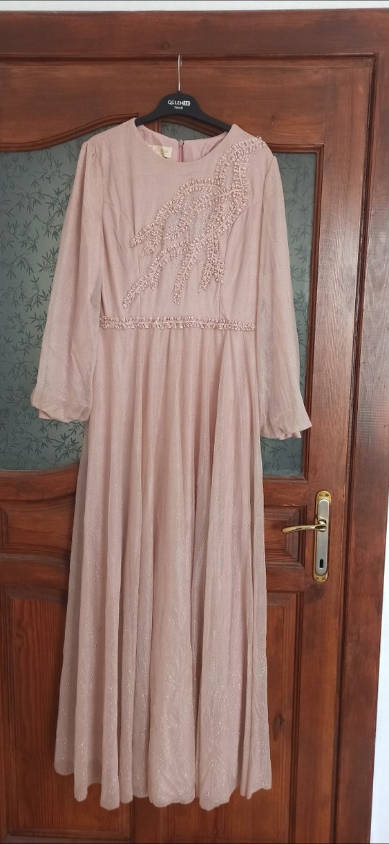 Uzun Kol Boncuk İşlemeli Pembe Abiye Elbise - Görsel 2