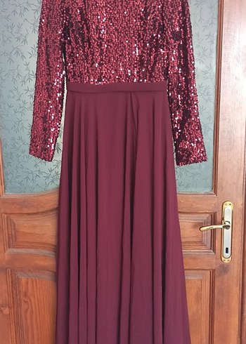 Bordo Payetli Uzun Kollu Abiye Elbise - Görsel 2