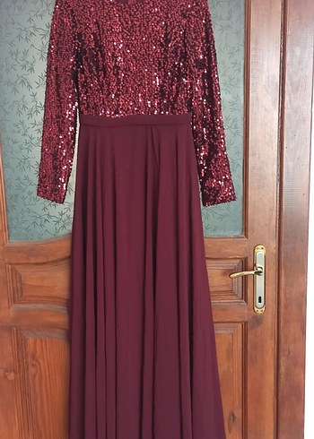 Bordo Payetli Uzun Kollu Abiye Elbise - Görsel 3