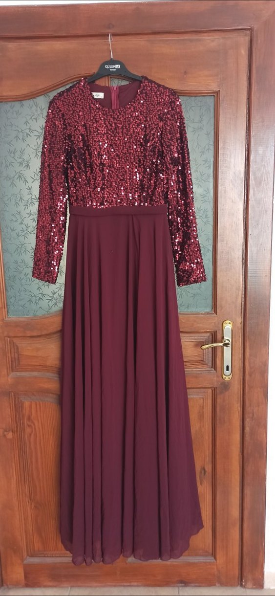 Bordo Payetli Uzun Kollu Abiye Elbise - Görsel 3