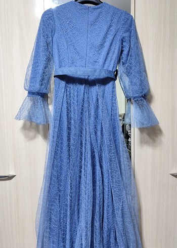 Dantel İşlemeli Mavi Uzun Abiye Elbise - Görsel 7