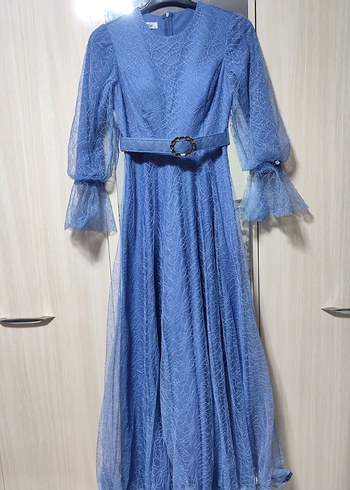 Dantel İşlemeli Mavi Uzun Abiye Elbise - Görsel 4