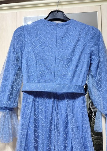 Dantel İşlemeli Mavi Uzun Abiye Elbise - Görsel 6