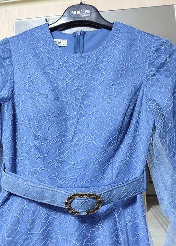 Dantel İşlemeli Mavi Uzun Abiye Elbise - Görsel 5