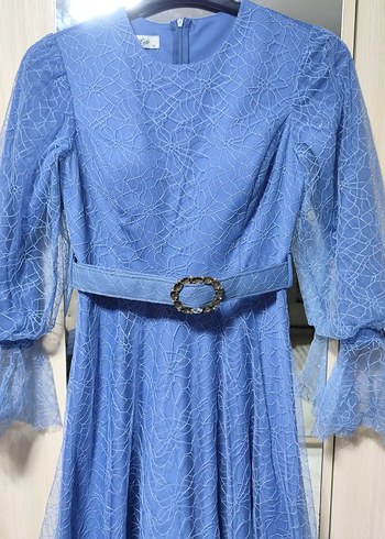 Dantel İşlemeli Mavi Uzun Abiye Elbise - Görsel 3