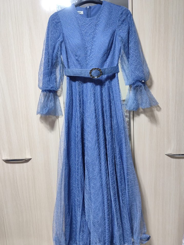 Dantel İşlemeli Mavi Uzun Abiye Elbise - Görsel 4