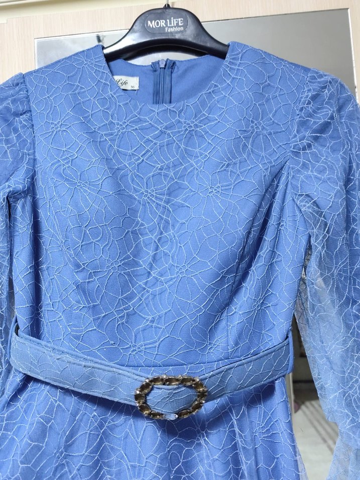 Dantel İşlemeli Mavi Uzun Abiye Elbise - Görsel 5