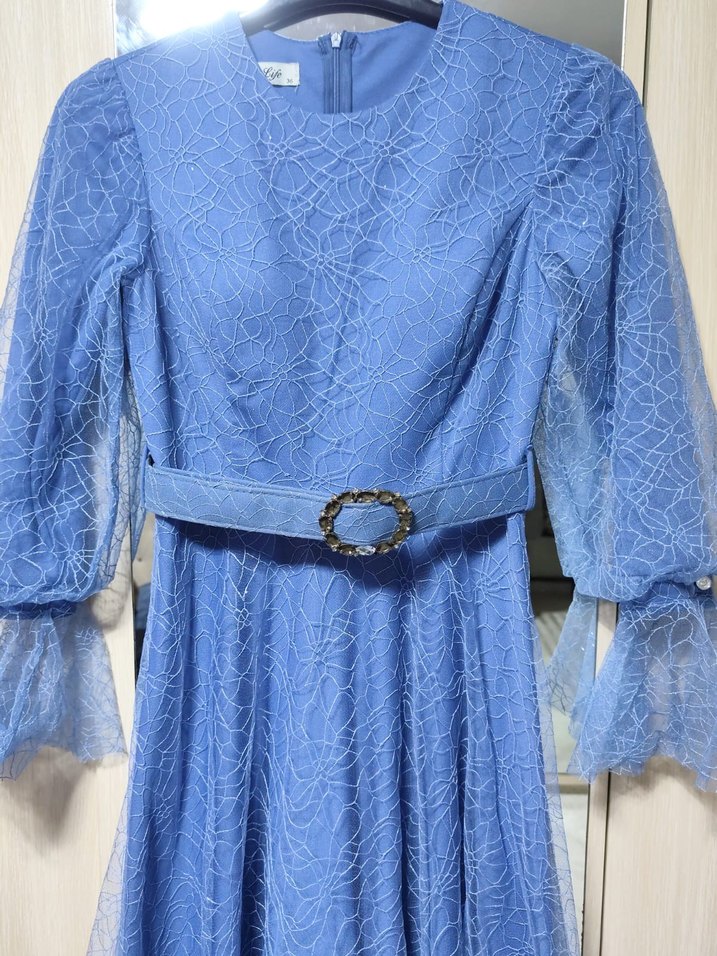 Dantel İşlemeli Mavi Uzun Abiye Elbise - Görsel 3