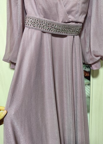 Mor Uzun Kollu Drapeli Abiye Elbise - Görsel 3