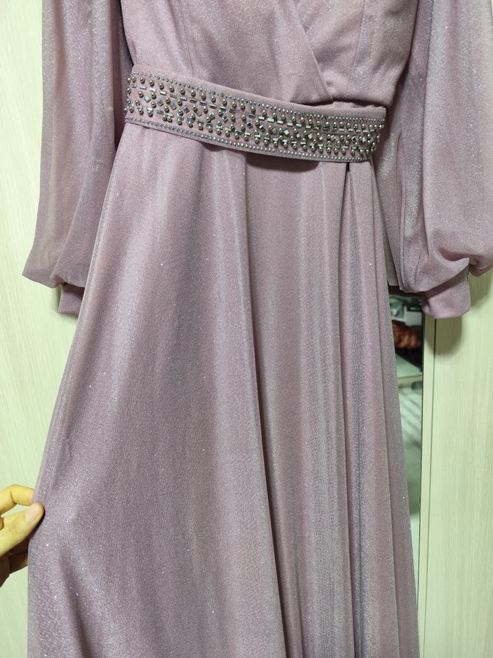 Mor Uzun Kollu Drapeli Abiye Elbise - Görsel 3