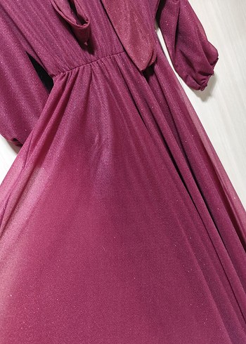 Bordo Uzun Drapeli parlak  Kadın Elbise - Görsel 5